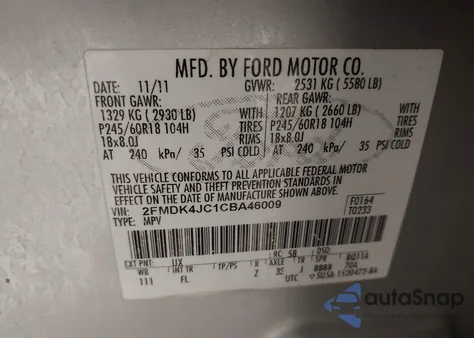 2012 Ford Edge Sel из США, поврежденный, VIN 2FMDK4JC1CBA46009